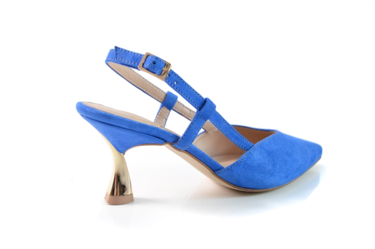 Szafirowe niebieskie zamszowe czółenka z odkrytą piętą niska złota szpilka 6,5 cm