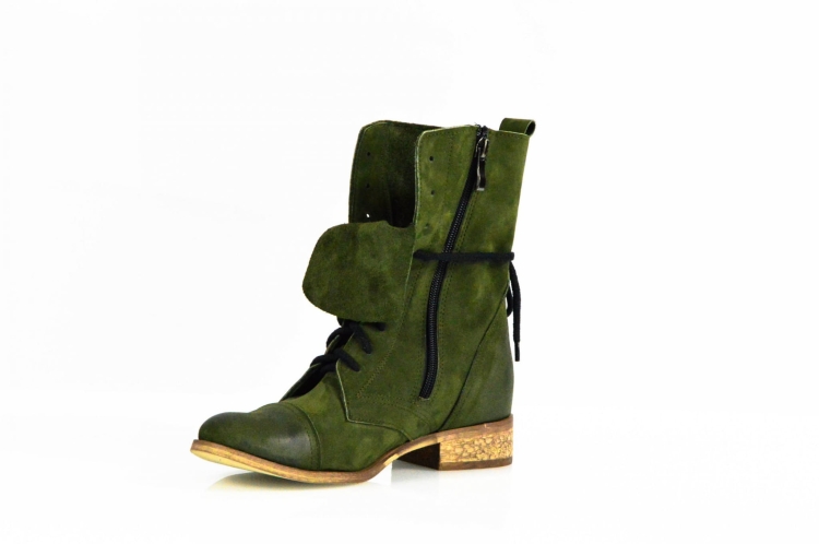 Khaki oliwkowe botki oficerki ze skóry na płaskim sznurowane